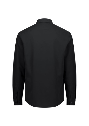 A black long sleeve men's shirt with a collar and buttoned cuffs, featuring a logo on the back.