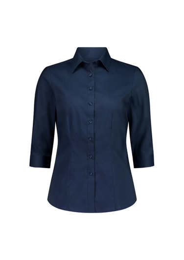A navy blue women's 3/4 sleeve shirt with a button-up front and a collar, featuring a logo on the chest.