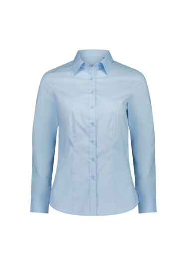 A women's long sleeve shirt in light blue, featuring a collared neckline and button placket, with a logo present.