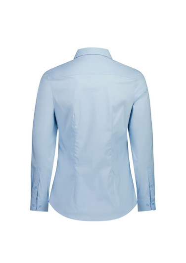 A light blue long sleeve women's shirt featuring a classic collar and button details on the sleeves, with a logo.