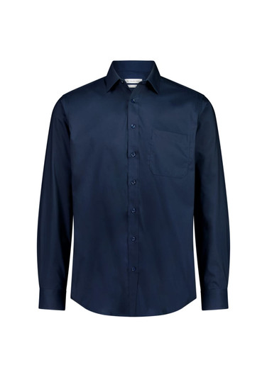 A long sleeve shirt in navy blue with a button-up front and a single chest pocket. It features a logo on the label.
