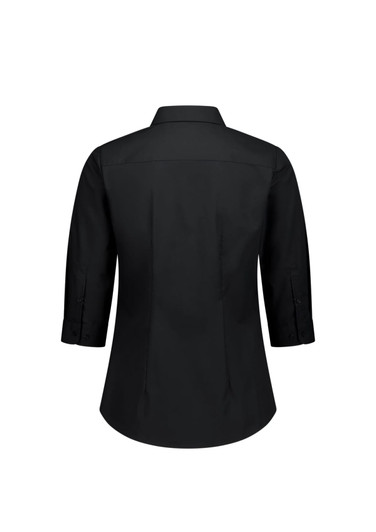 A black women's 3/4 sleeve shirt featuring a collared neckline and button details on the sleeves, with a plain back design.