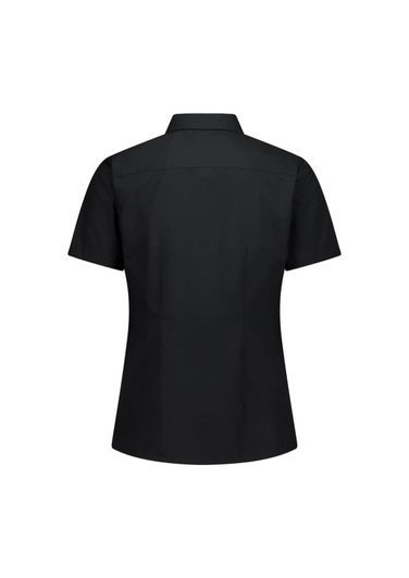 A black short sleeve women's shirt with a collar and a fitted design. It features a logo on the back.