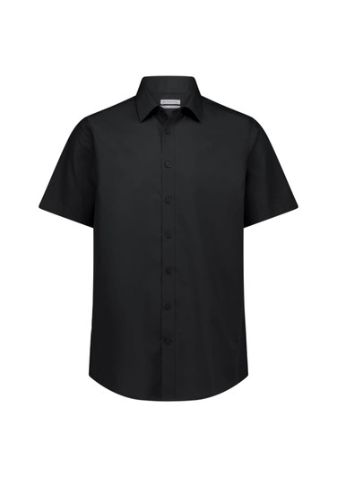 A black short sleeve shirt with a classic fit and button-down front. It features a collar and has a logo.