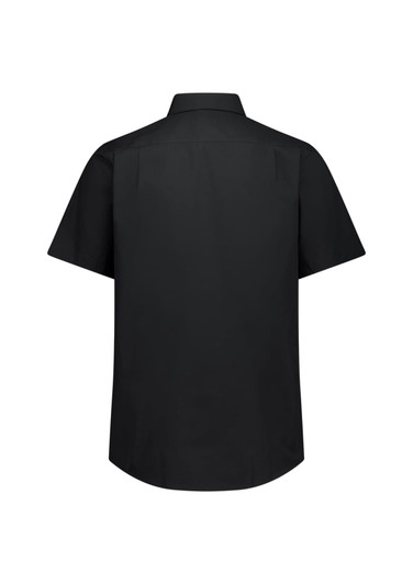 A classic fit short sleeve shirt in black, featuring a plain back and a collar. It has a logo on the label.