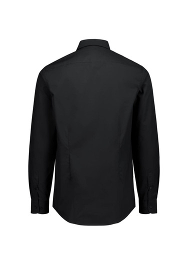A black slim fit long sleeve shirt with a classic collar and button cuffs, featuring a logo on the back.