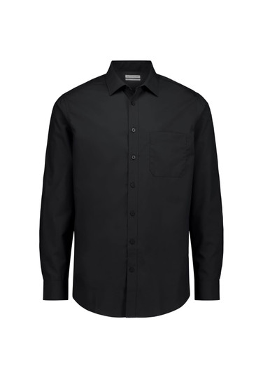 A black long sleeve shirt with a classic fit and a single chest pocket, featuring a logo on the label.