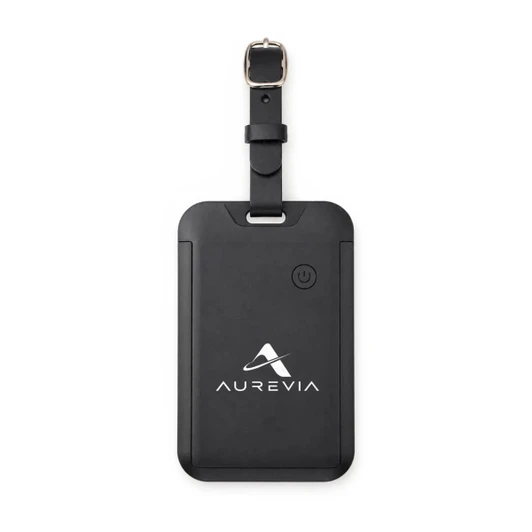 A black luggage tag tracker with a strap, featuring a logo on the front and a power button.