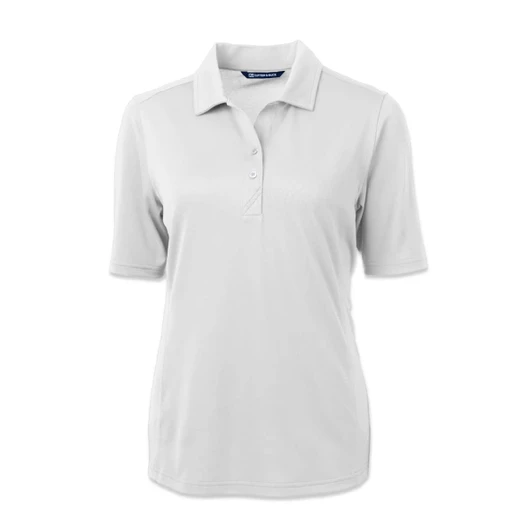 A light grey women's polo shirt with a collar and short sleeves, featuring buttons and a logo.