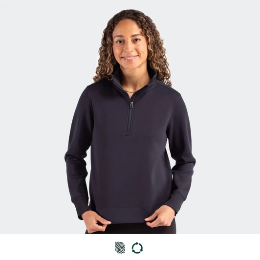 A women's half zip jacket in navy blue with a zippered neckline and a logo on the chest.