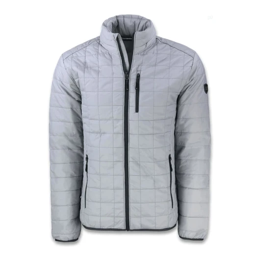 A grey quilted men's jacket featuring a zip front closure and multiple pockets. It has a logo on the sleeve.