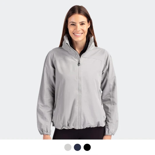 A light grey women's full zip jacket with a zip-up collar and elasticised hem, featuring a logo.