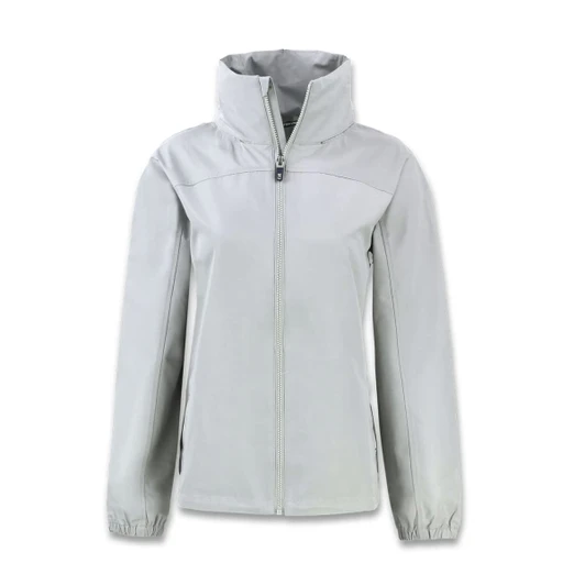 A women's full zip jacket in light grey with a high collar and side pockets, featuring a logo.