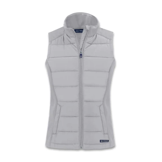 A light grey hybrid vest with a zip front and a high collar, featuring a logo.