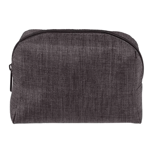 A grey toiletry bag with a zip closure, suitable for personal care essentials. Features a simple design and fabric texture.