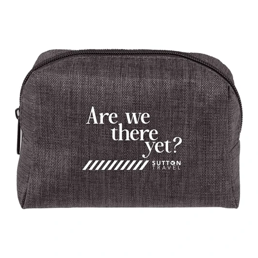 A grey travel pouch with a zip closure and a logo, featuring the phrase "Are we there yet?" in white text.
