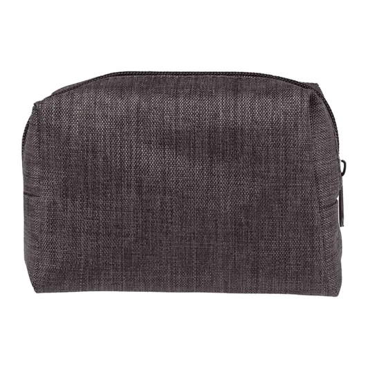 A grey textured bag with a zip closure, designed for personal care essentials.