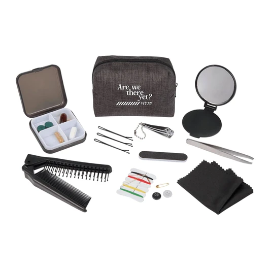 A grey travel pouch with a mirror, comb, tweezers, needles, thread, buttons, hair pins, and cloths.