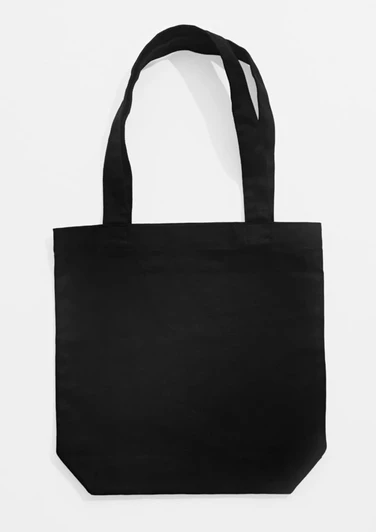 A black canvas tote bag with two handles and a simple design. It features a logo on one side.