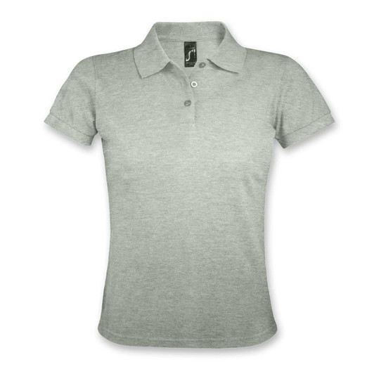 A light grey women's polo shirt featuring a collar, short sleeves, and buttons, with a logo on the tag.