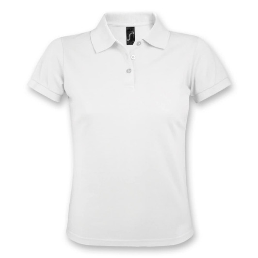 A white women's polo shirt with a collar and buttons, featuring a logo on the tag.