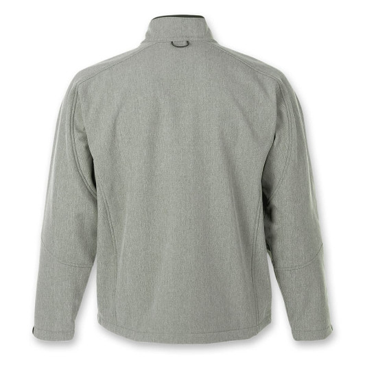 A softshell jacket in a light grey colour with a collar and long sleeves, featuring a logo on the back.