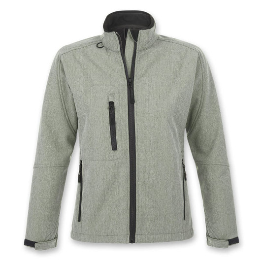 A green softshell jacket with a collar and multiple zippers, featuring black accents and a logo.