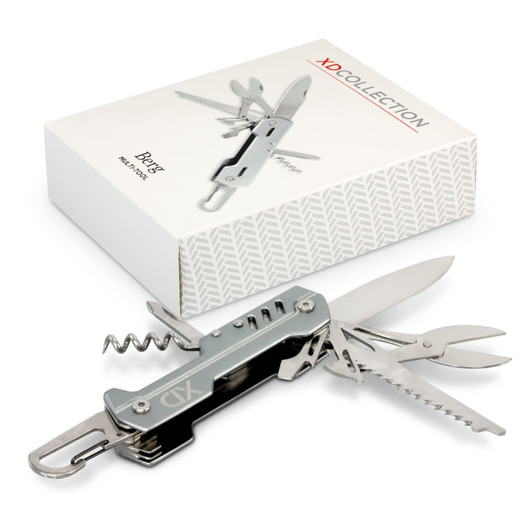 A multi-tool in silver with various tools, including blades and a corkscrew, displayed alongside its packaging.