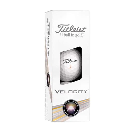 A white box containing Titleist Velocity golf balls, featuring a logo and a window displaying one golf ball inside.