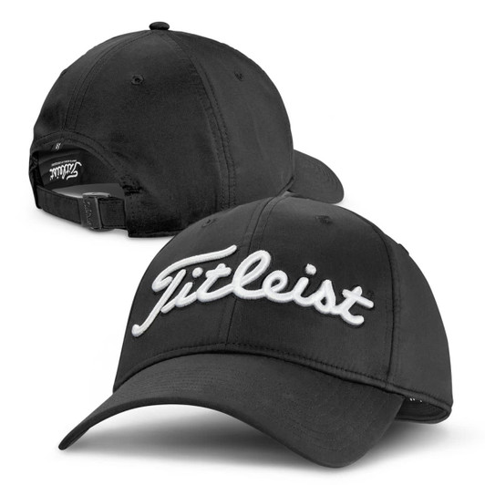 A black cap with a curved brim and a logo on the front, featuring an adjustable strap at the back.