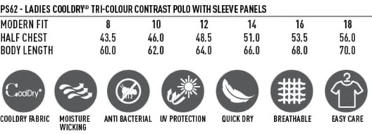 A table displaying details of a ladies' cool dry contrast polo, including sizes, measurements, and key features.