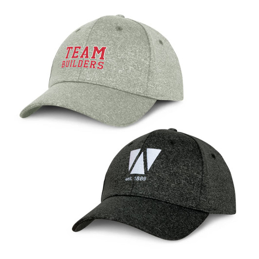 Two caps displayed, one in light grey with a logo and text, the other in dark grey with a logo. Both are styled in a casual design.
