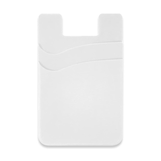 A white dual silicone phone wallet with two slots for cards. It features a minimalist design and has a logo.