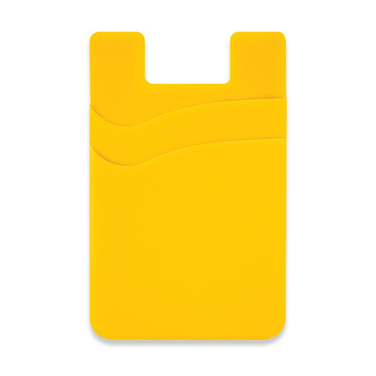 A yellow dual silicone phone wallet with two curved sections and a logo.
