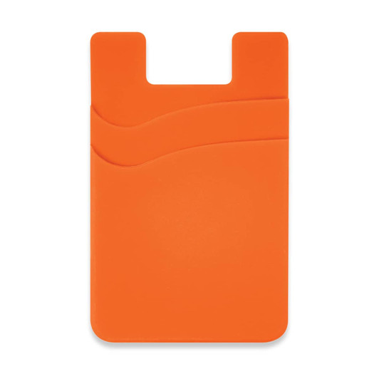 An orange dual silicone phone wallet with a curved design and a small logo.