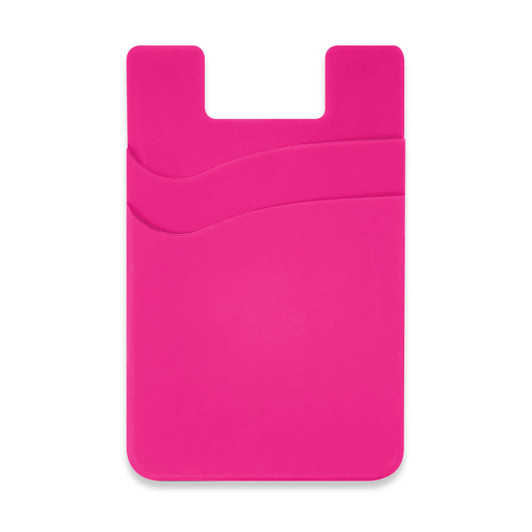 A pink dual silicone phone wallet with a smooth design and curved detailing, featuring a logo on the back.