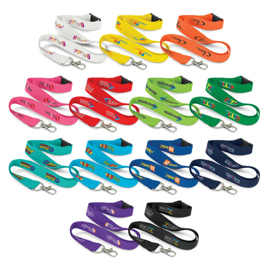 A collection of colourful RPET lanyards in various shades, each with a clip attachment and some featuring logos.