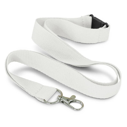 A white RPET lanyard with a metal clip and a black plastic adjuster. It features a simple, sturdy design.
