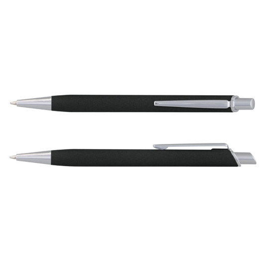 A metal pen with a black grip and chrome accents, featuring a clip and a smooth writing tip. Contains a logo.