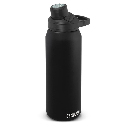 A drink bottle in matte black with a push-cap lid and a handle, featuring a logo on its side.