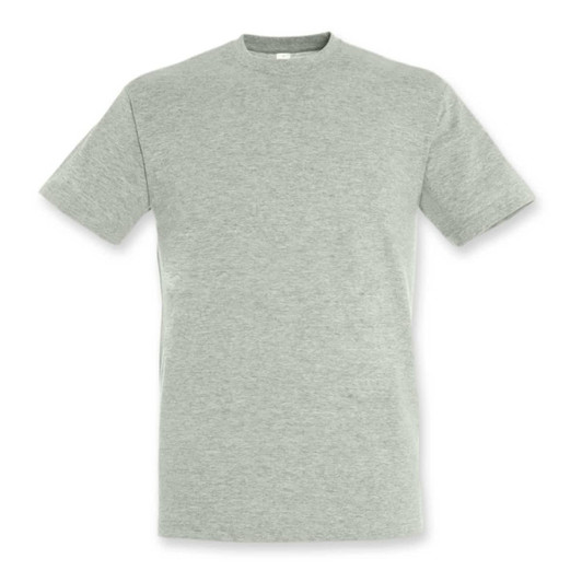 A light grey adult T-shirt with short sleeves, featuring a logo on the chest.