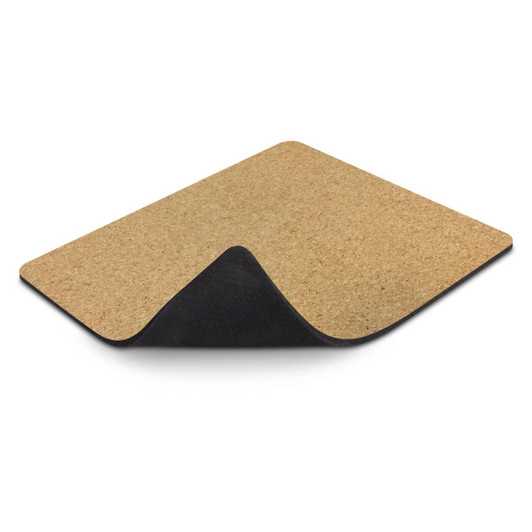 A mouse mat featuring a natural cork top and a black underside, designed for office use.