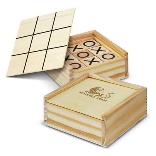A Tic Tac Toe game set featuring a hexagonal wooden box, wooden board, and game pieces in black and natural wood colours.