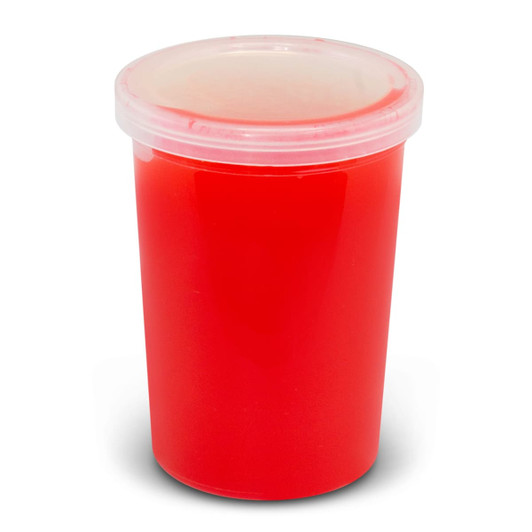 A red container of slime with a clear lid, centred on a white background. Features a logo on the container.