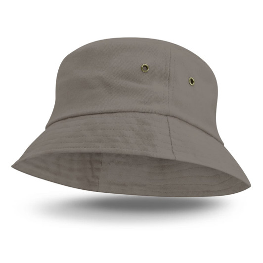 A light grey bucket hat with a wide brim and ventilation eyelets, featuring a logo on the side.