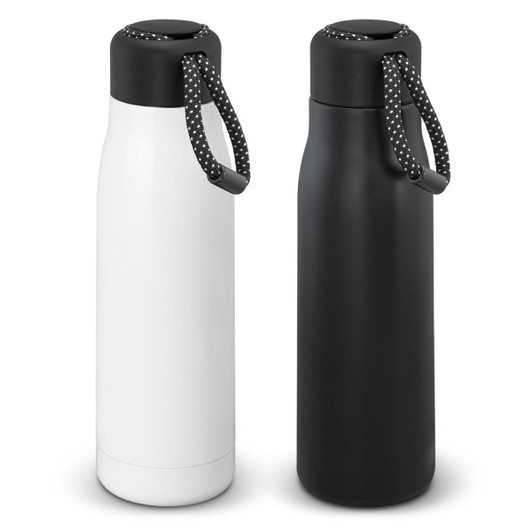 A drink bottle set featuring a white bottle and a black bottle, each with a black patterned handle and logo.