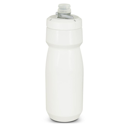 A drink bottle in white, featuring a screw-on lid and a spout, with a logo on the side.