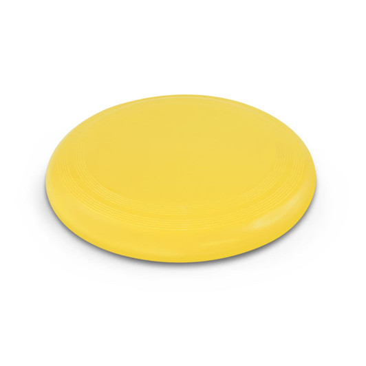 A yellow flying disc featuring a smooth surface and raised concentric rings.