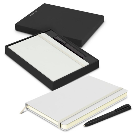 A white Moleskine notebook and black pen in a black gift box, featuring a sleek design.