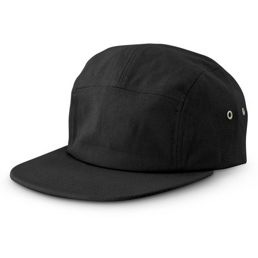 A black cap with a flat brim and side ventilation holes, featuring a logo on the front.